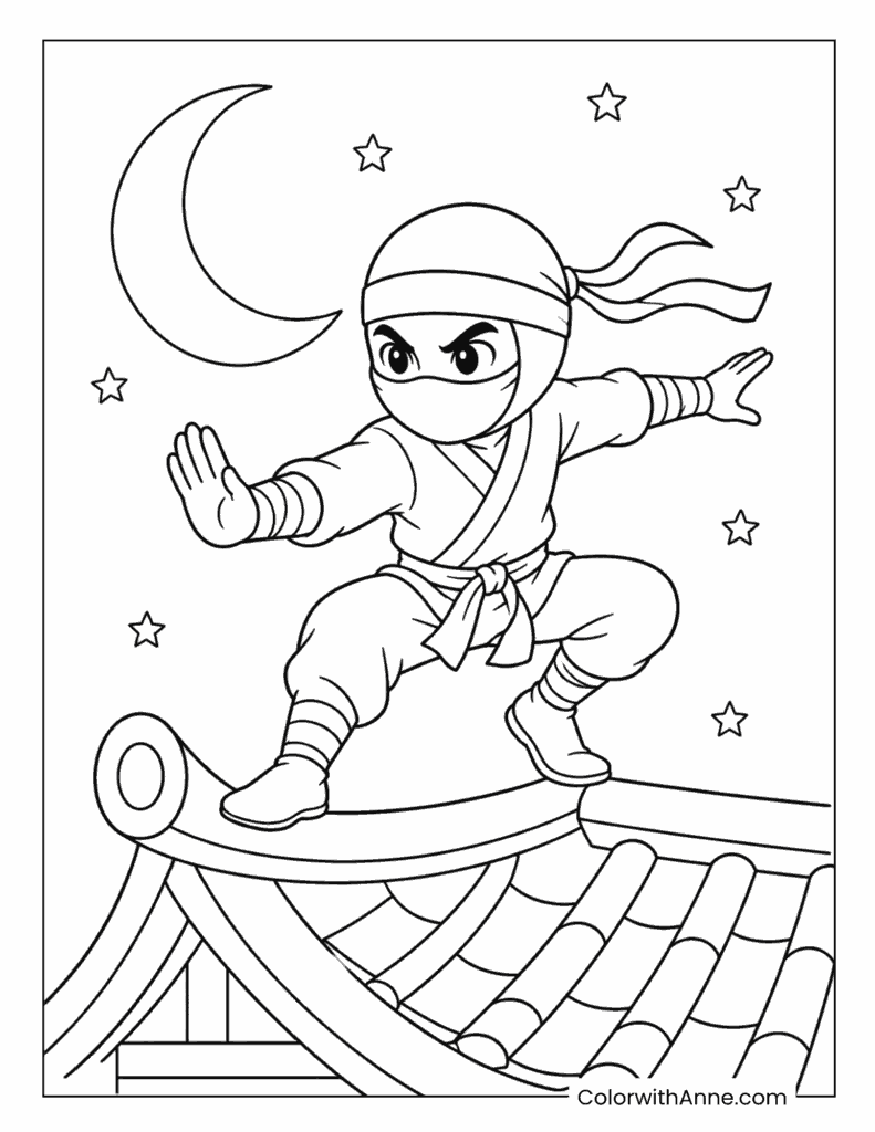 Ninja Balancing on a Rooftop Under the Moon Coloring Page
