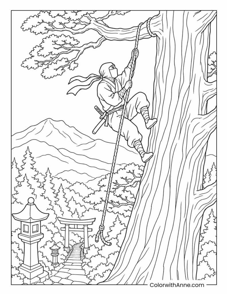 Ninja Climbing a Rope in a Mountain Shrine Forest Coloring Page