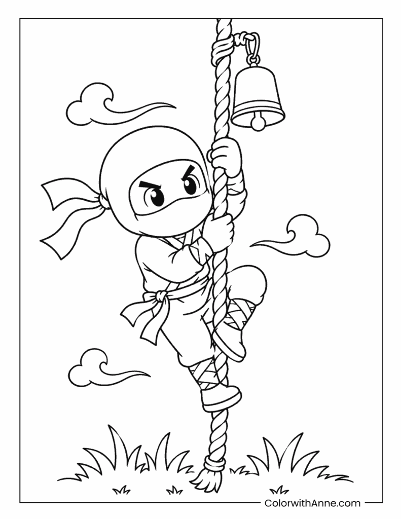 Ninja Climbing a Rope to Ring a Bell Coloring Page