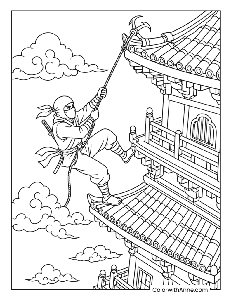 Ninja Climbing a Temple Roof Coloring Page