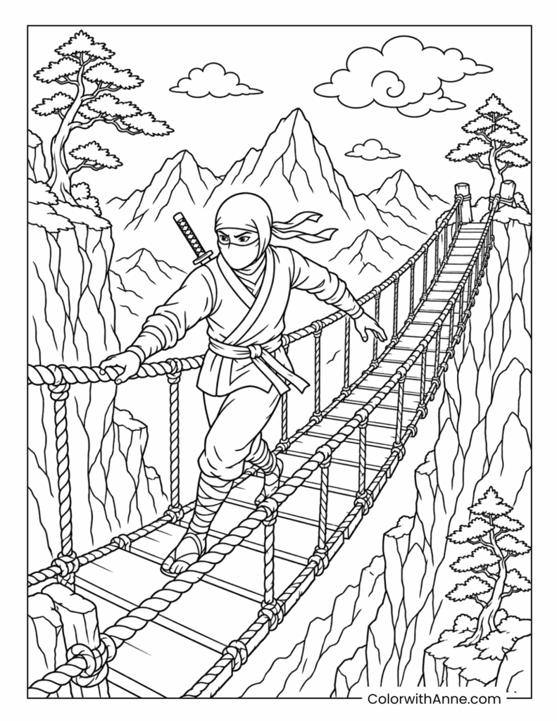 Ninja Crossing a Mountain Rope Bridge Coloring Page