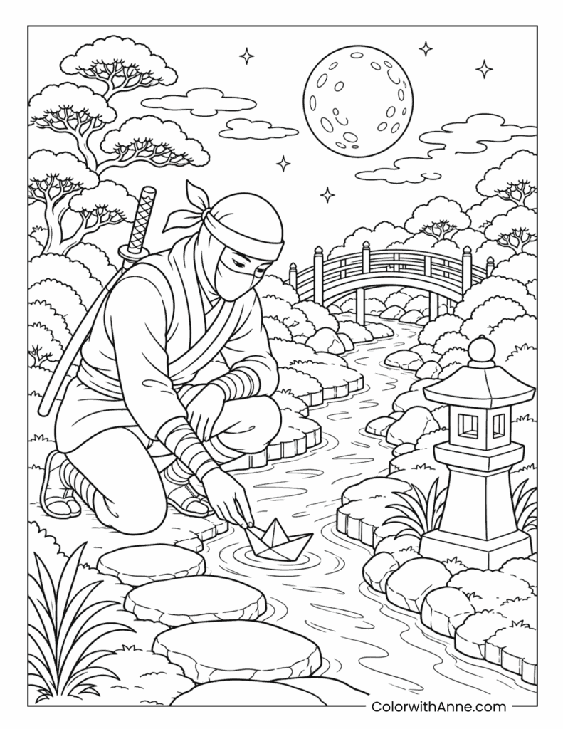 Ninja Floating a Paper Boat in a Moonlit Garden Coloring Page