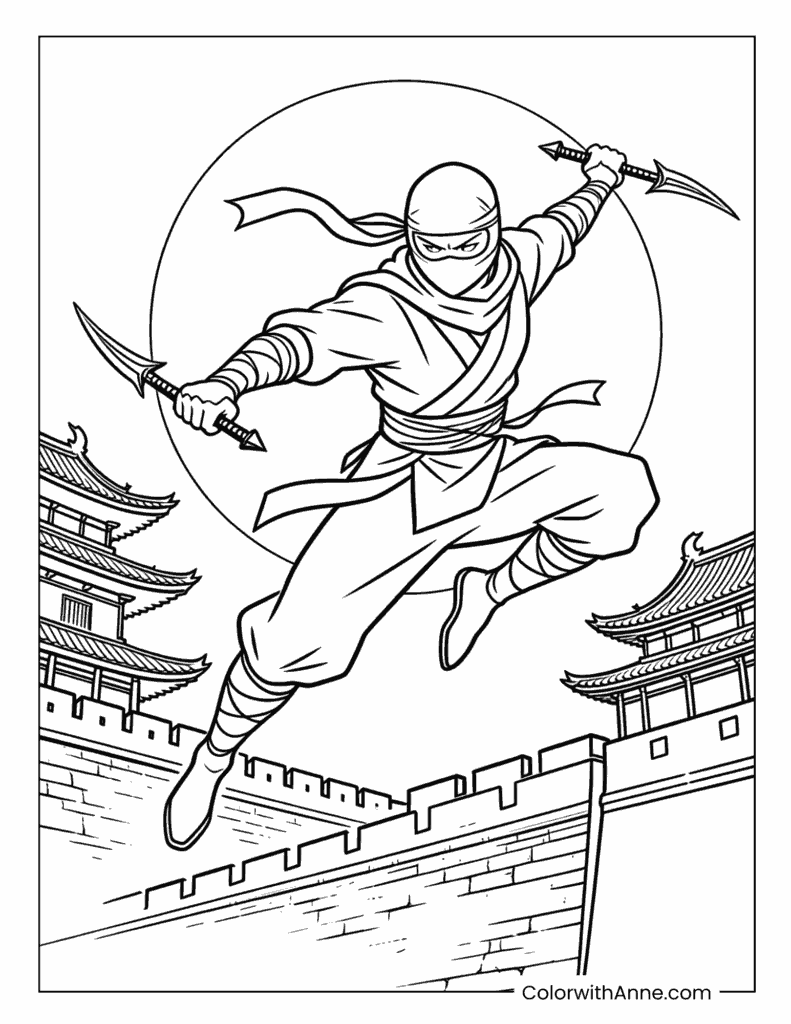 Ninja Jumping over Rooftops under Full Moon Coloring Page