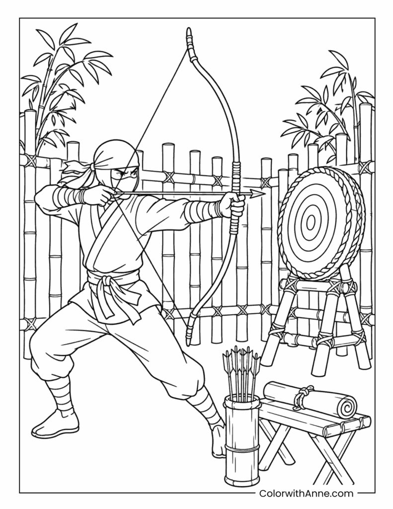 Ninja Practicing Archery with a Bamboo Target Coloring Page