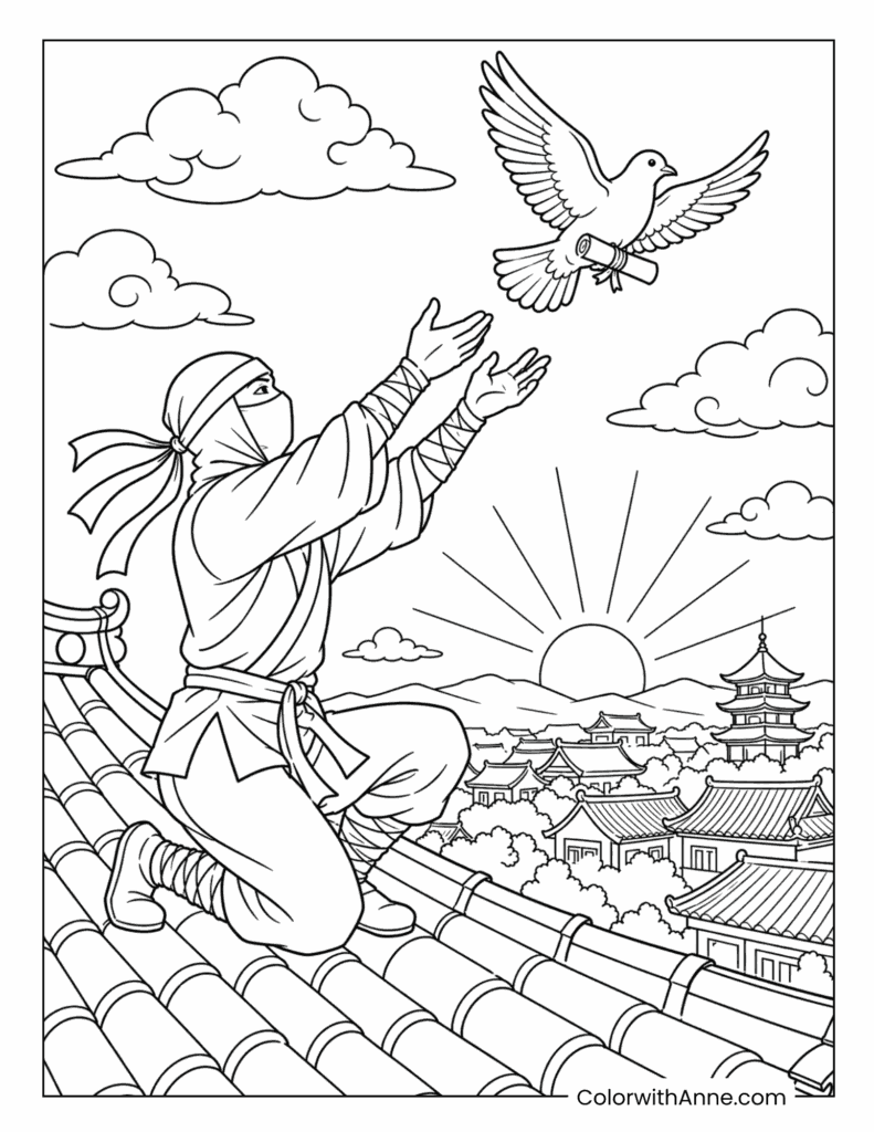 Ninja Releasing a Dove at Sunrise Coloring Page