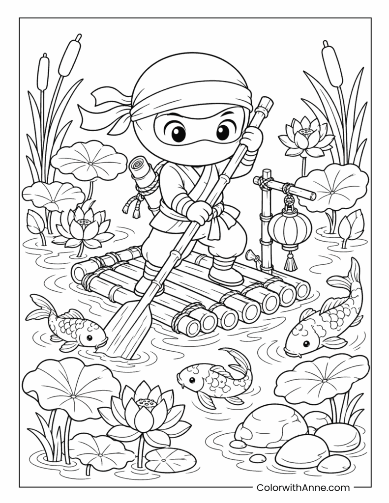 Ninja Rowing a Bamboo Raft Coloring Page