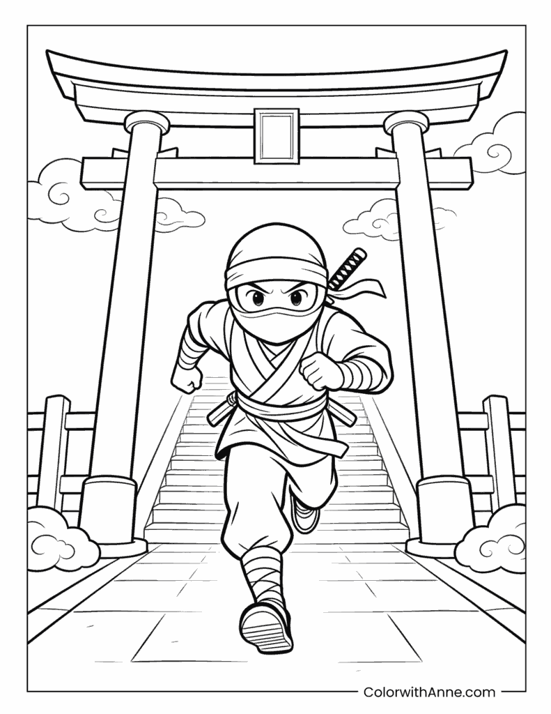 Ninja Running through a Torii Gate Action Coloring Page
