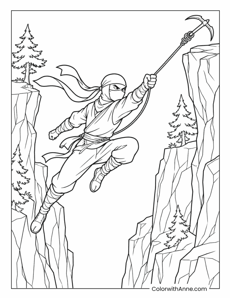 Ninja Swinging Across the Mountain Cliffs Coloring Page