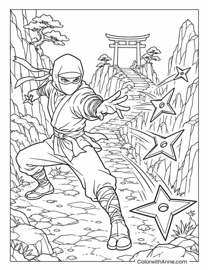Ninja Throwing Shuriken on a Rocky Mountain Path Coloring Page