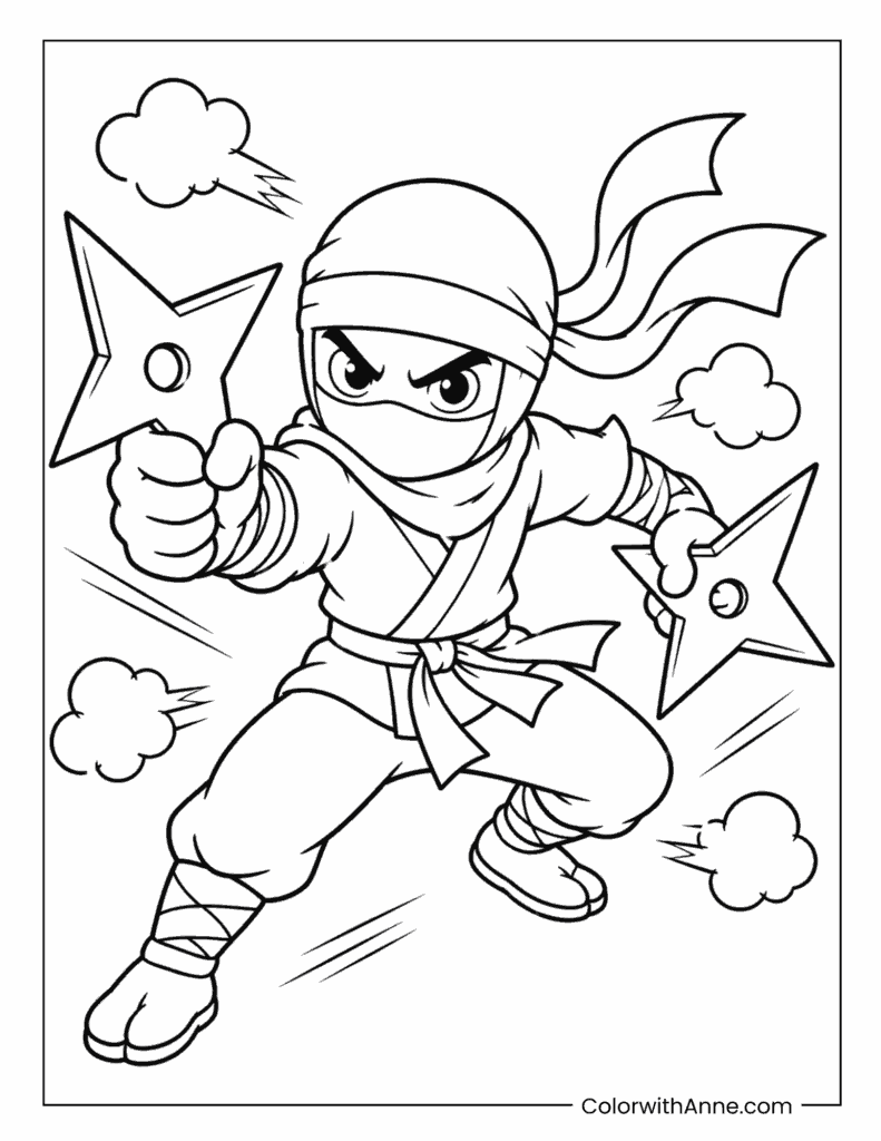 Ninja Throwing Stars Action Coloring Page