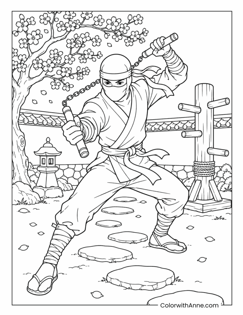 Ninja Training with Nunchaku Coloring Page