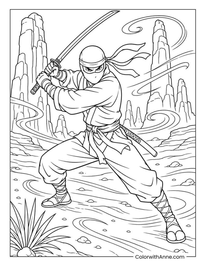 Ninja Warrior with Sword in the Windy Canyon Coloring Page