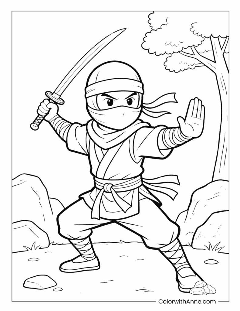 Ninja in Battle Stance with Sword in Forest Coloring Page