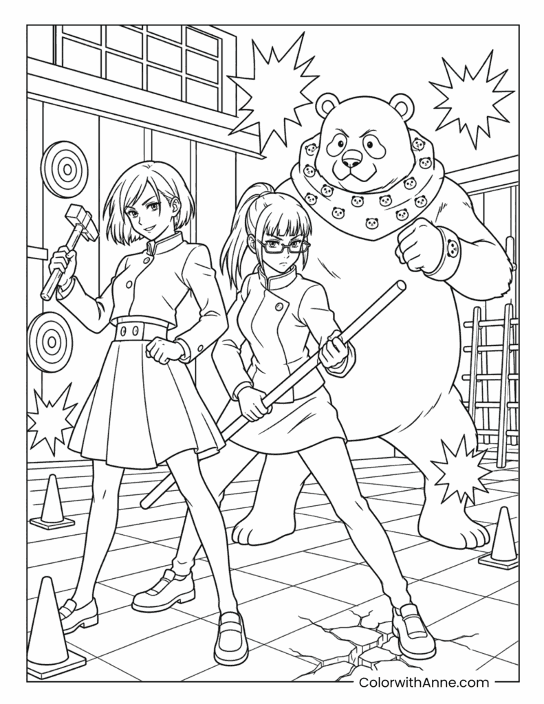 Nobara Kugisaki And Maki Zenin With Cursed Spirit Coloring Page