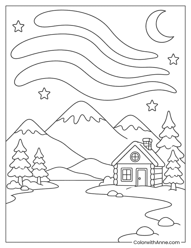 Northern Lights Over the Mountains Coloring Page