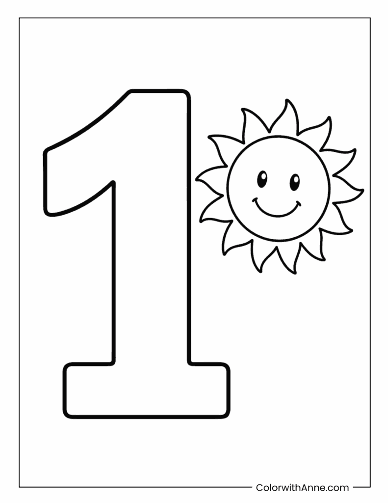 Number 1 with a Smiling Sun Coloring Page