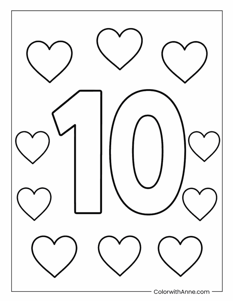 Number 10 with Hearts Coloring Page