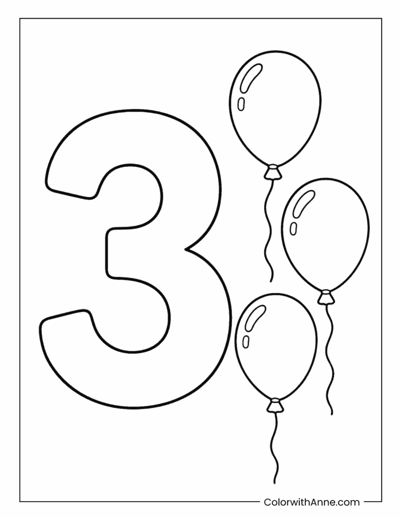 Number 3 with Balloons Coloring Page