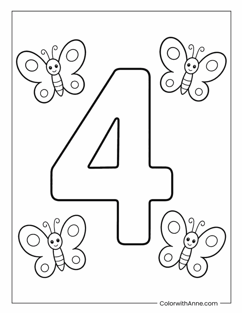 Number 4 with Butterflies Coloring Page