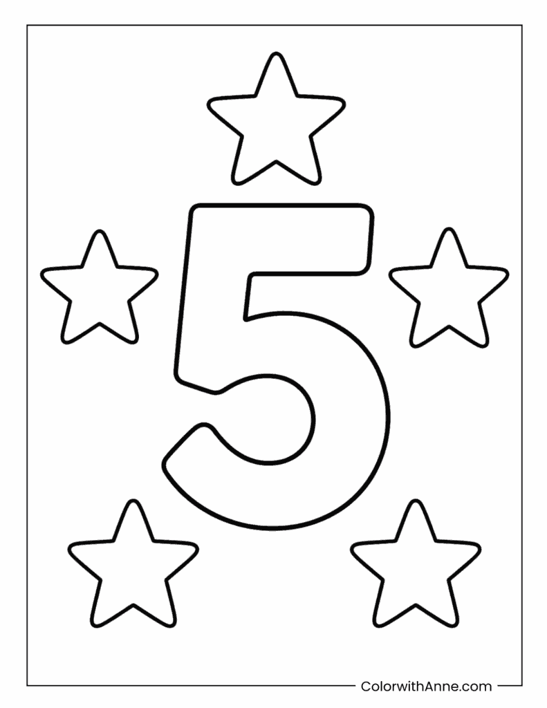 Number 5 with Stars Coloring Page