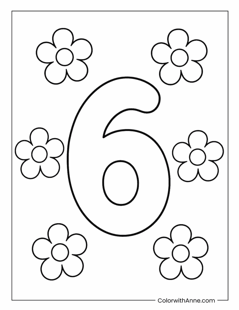 Number 6 with Flowers Coloring Page