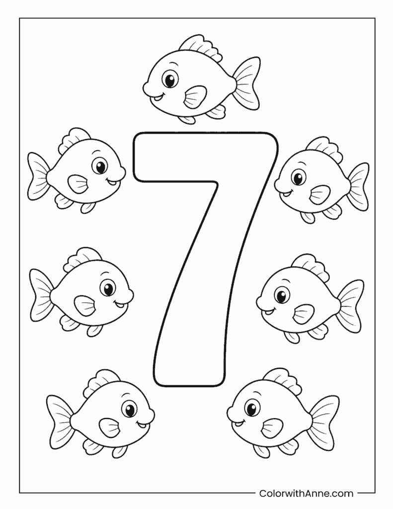 Number 7 with Fish Coloring Page