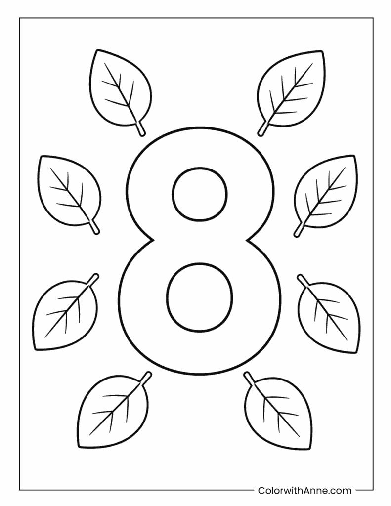 Number 8 with Autumn Leaves Coloring Page
