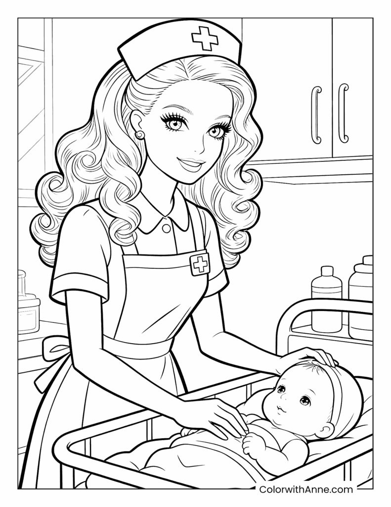 Nurse Barbie Caring for a Baby in a Nursery Coloring Page