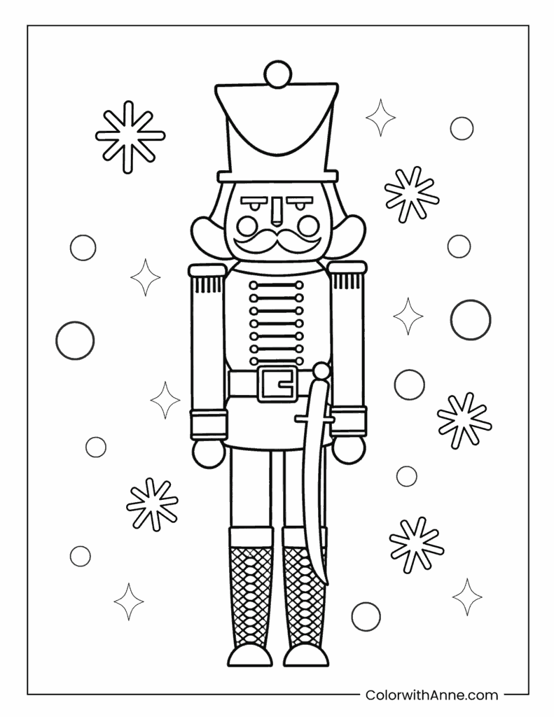 Nutcracker in Winter Snowflake Scene Coloring Page