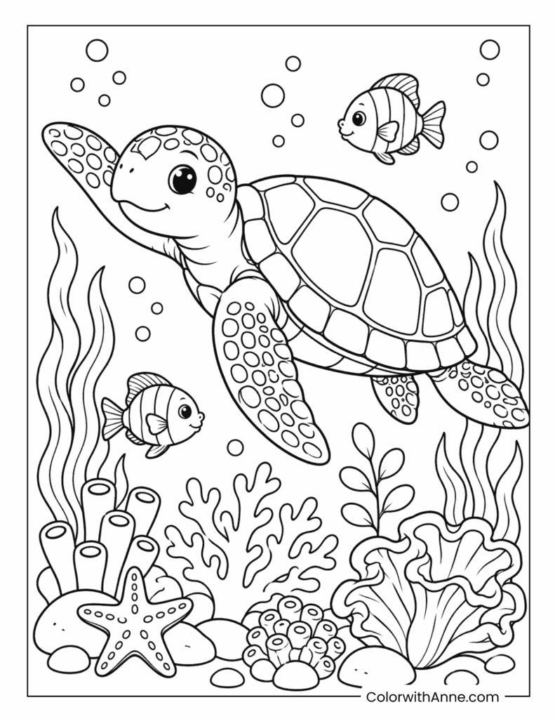 Ocean Turtle with Fish and Coral Coloring Page