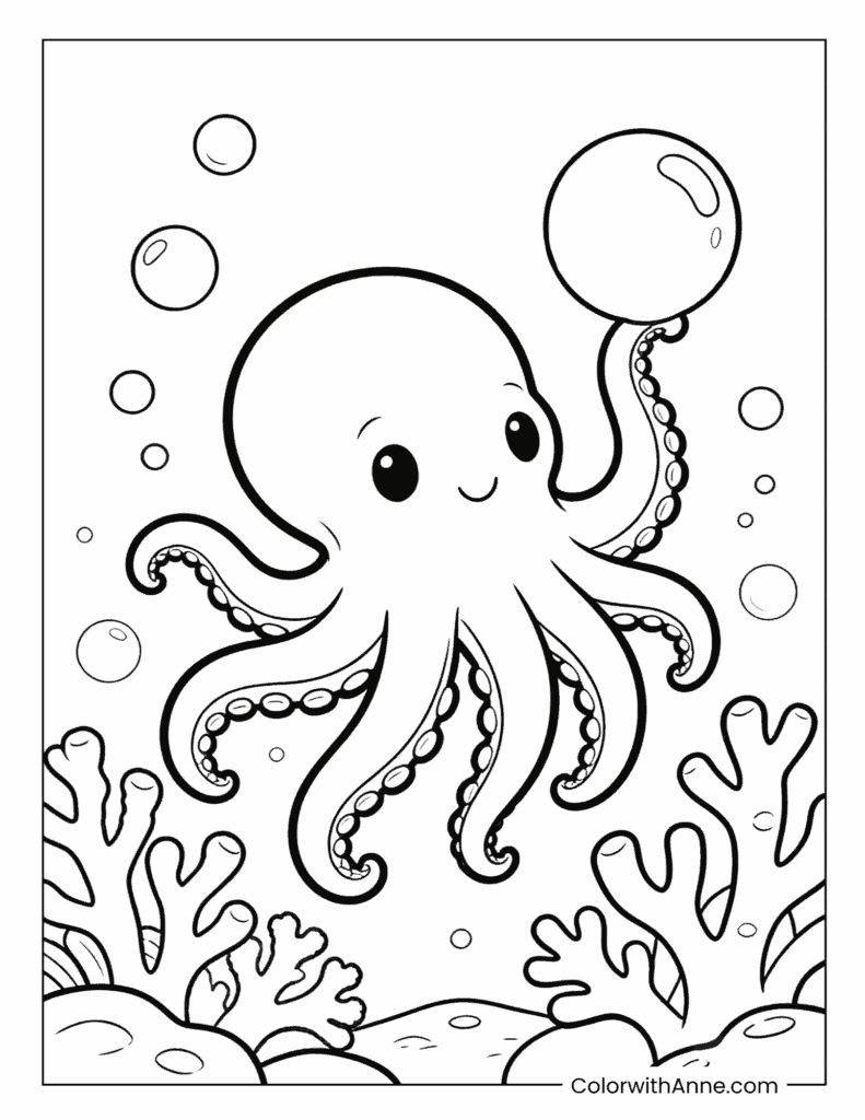 Cute Octopus Blowing Bubbles Coloring Page