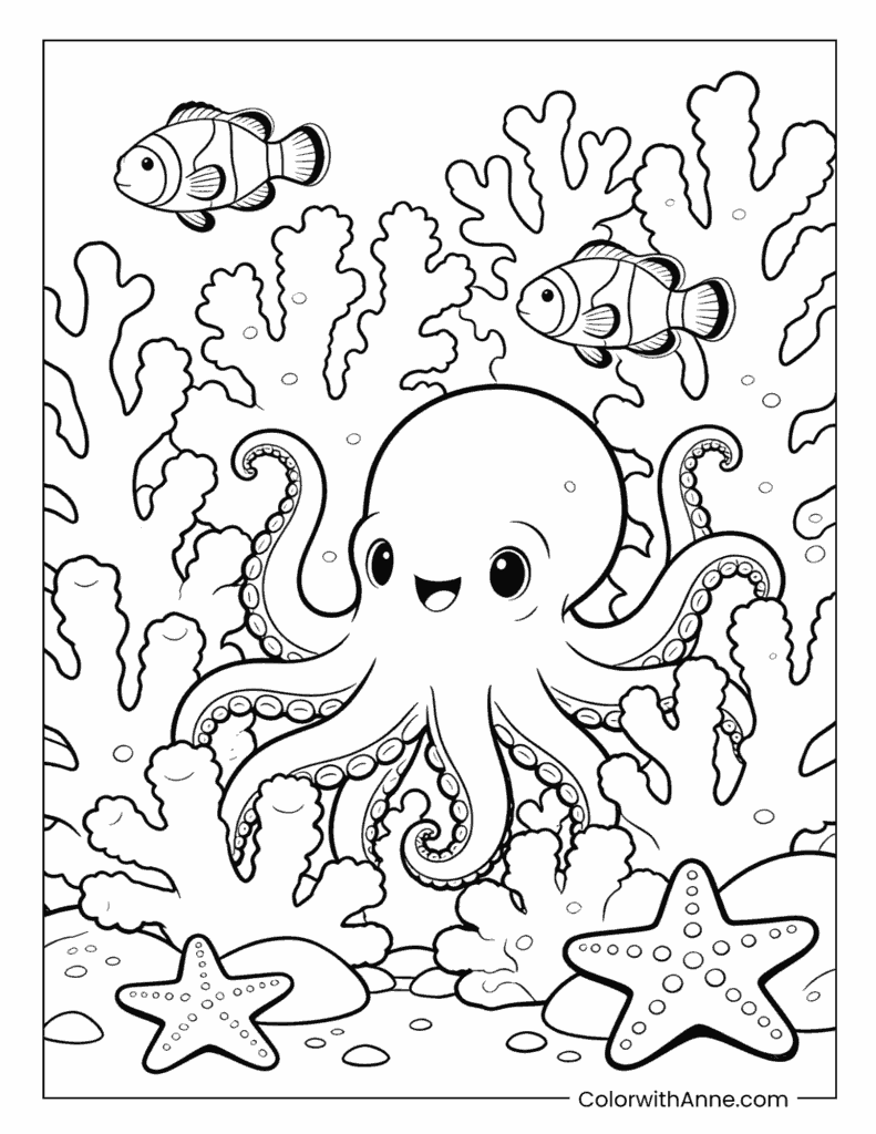 Octopus and Clownfish in a Coral Reef Coloring Page