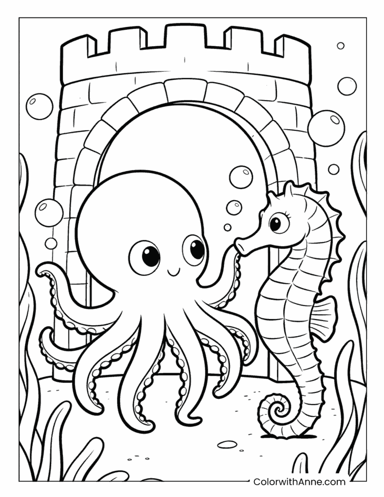 Octopus and Seahorse at a Castle Coloring Page