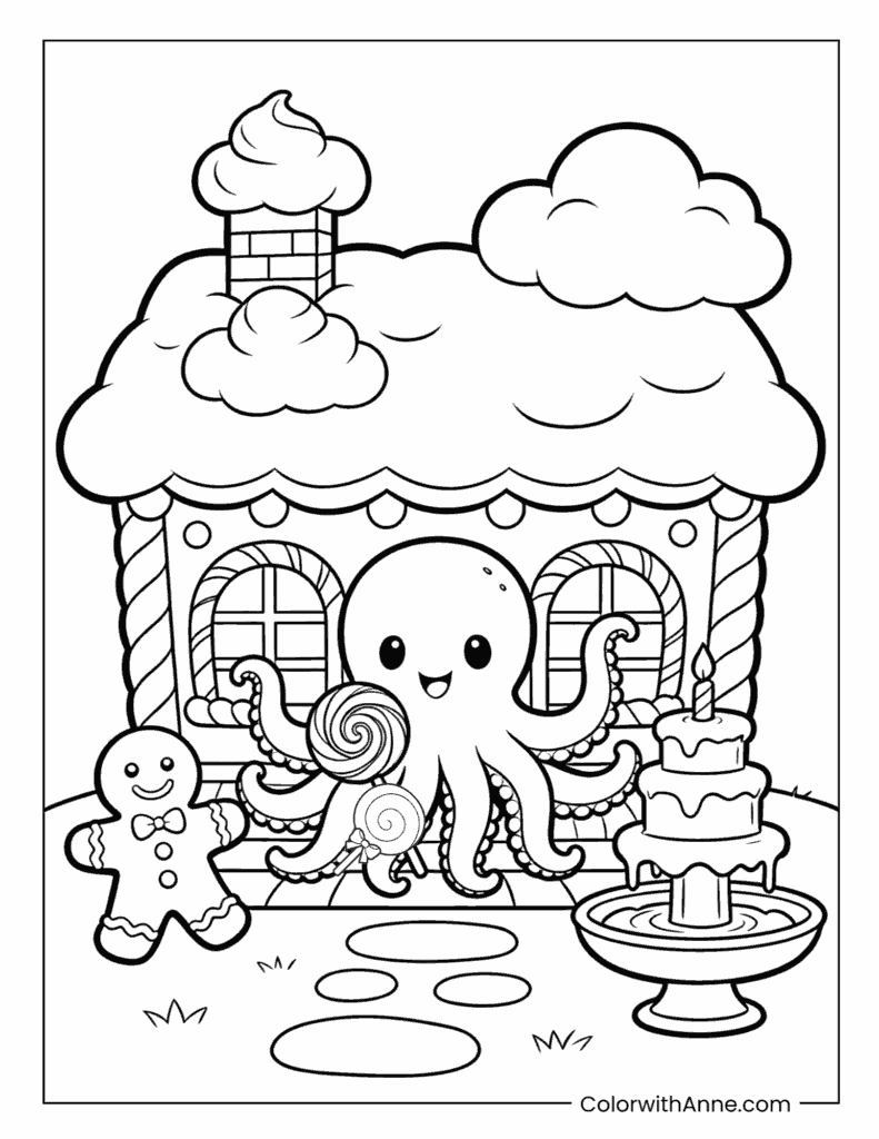 Octopus in front of a Gingerbread House Coloring Page