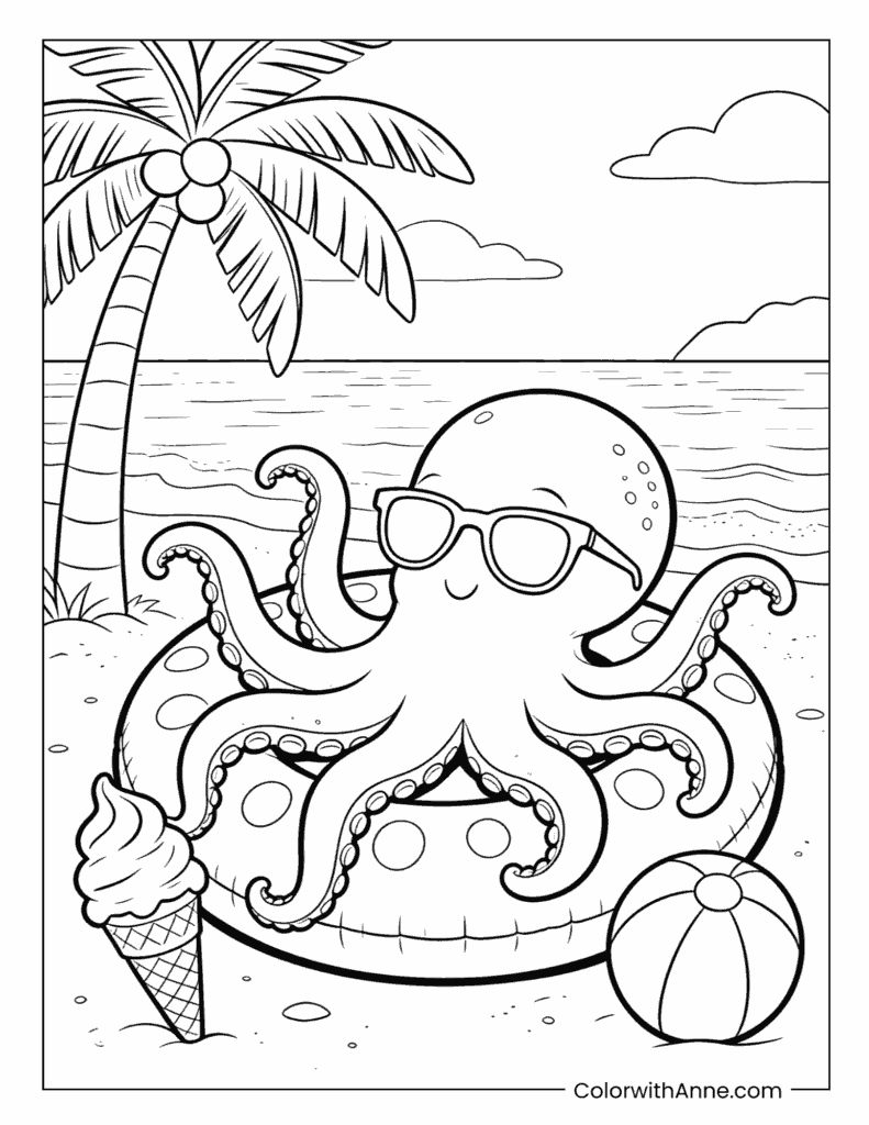 Octopus on a Swim Ring at the Beach Coloring Page