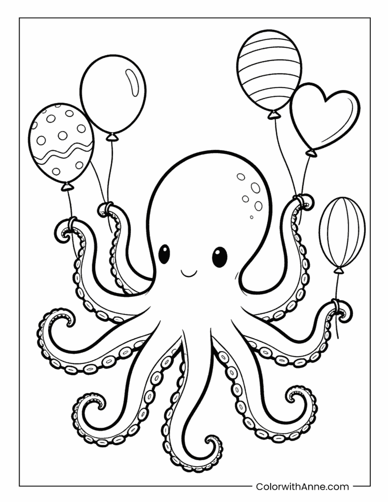 Octopus with Colorful Balloons Coloring Page