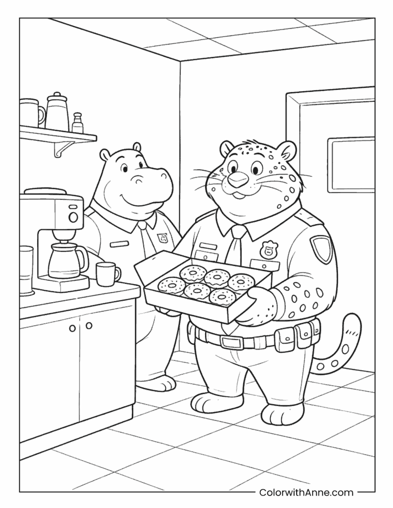 Officer Higgins and Benjamin Clawhauser’s Donut Break Coloring Page