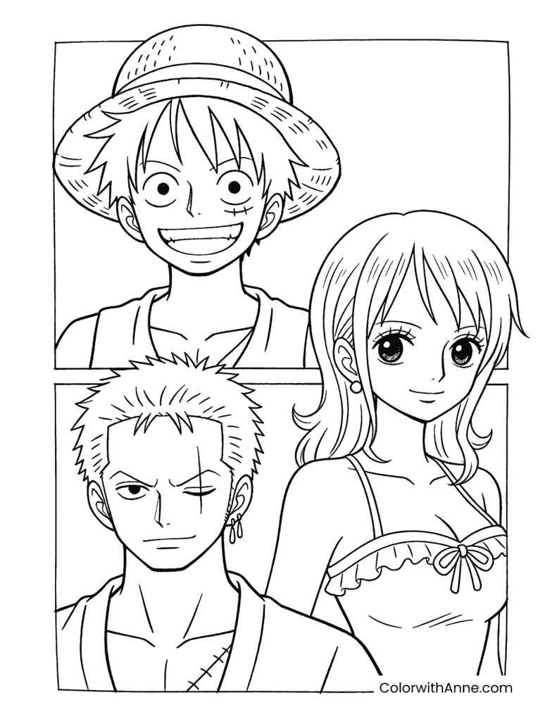 One Piece Trio Luffy, Roronoa, and Nami Coloring Page