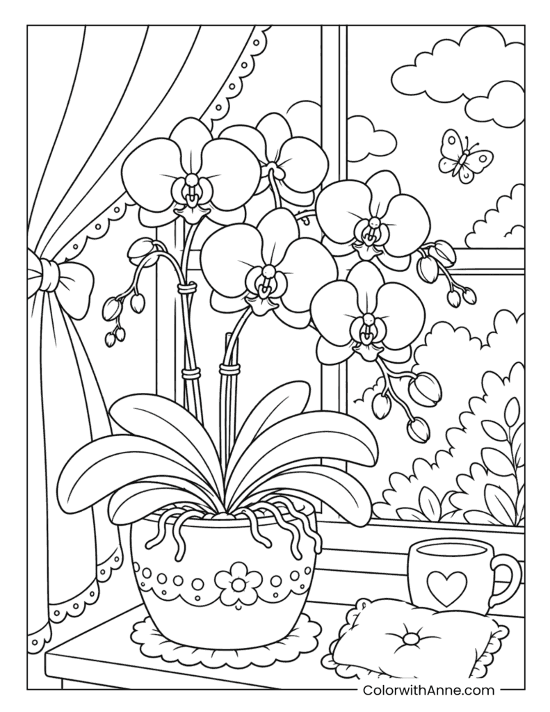 Orchid Plant by the Window Coloring Page