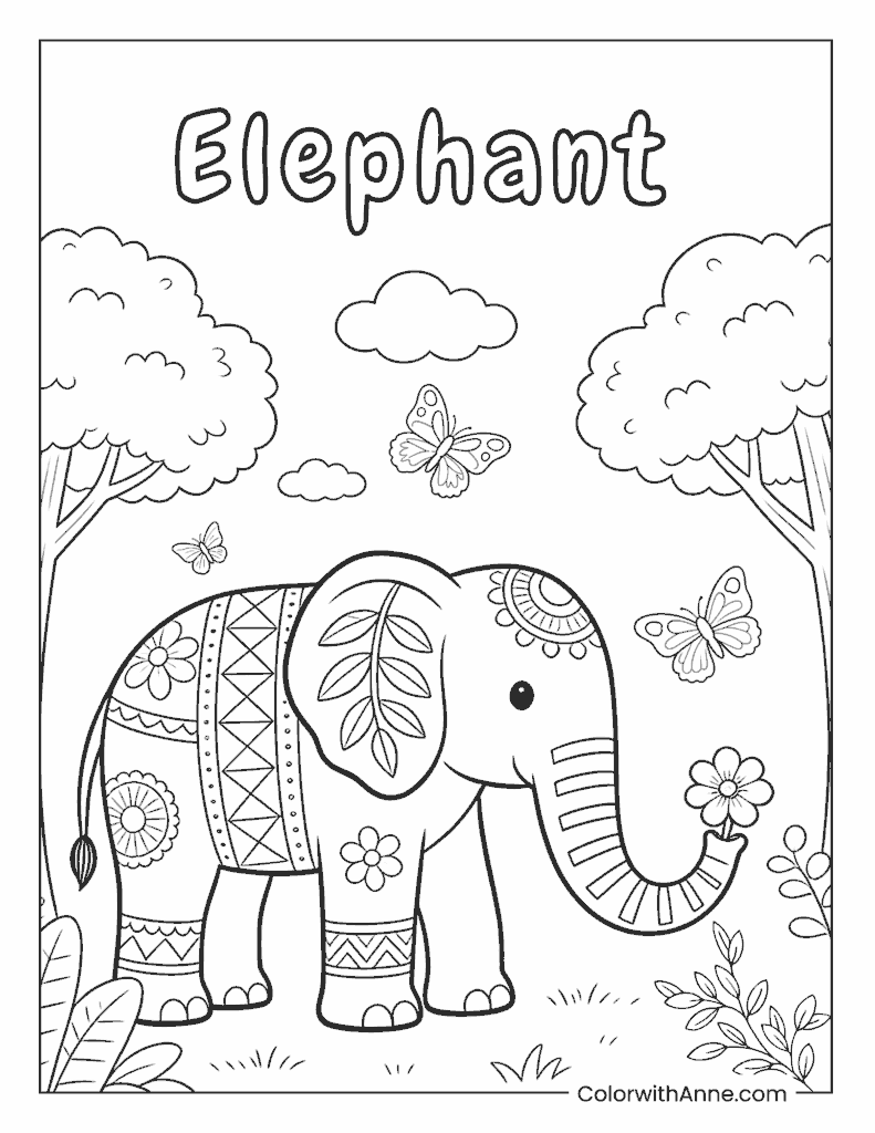 Ornate Elephant Holding a Flower Coloring Page