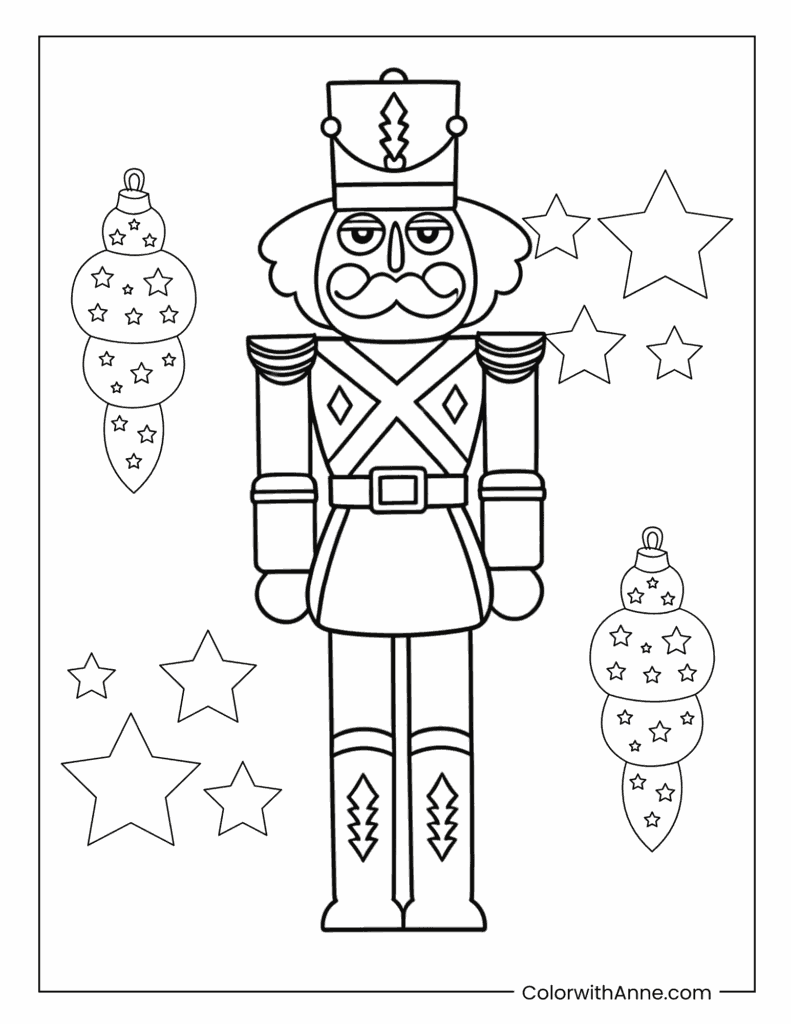 Ornate Nutcracker Surrounded by Starry Orb Decor Coloring Page