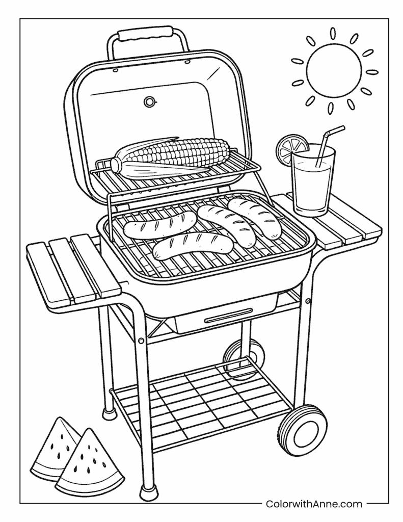 Outdoor Barbecue Grill with Sausages and Drink Coloring Page