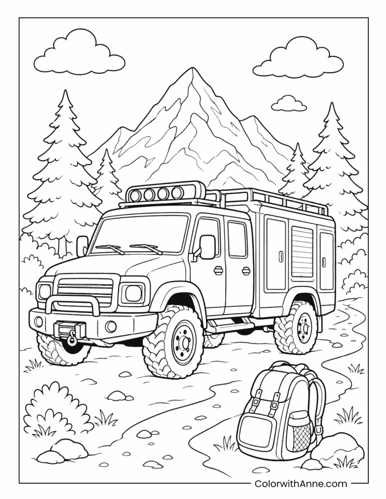 Overland Adventure Truck Parked In Mountain Forest Scenery Coloring Page