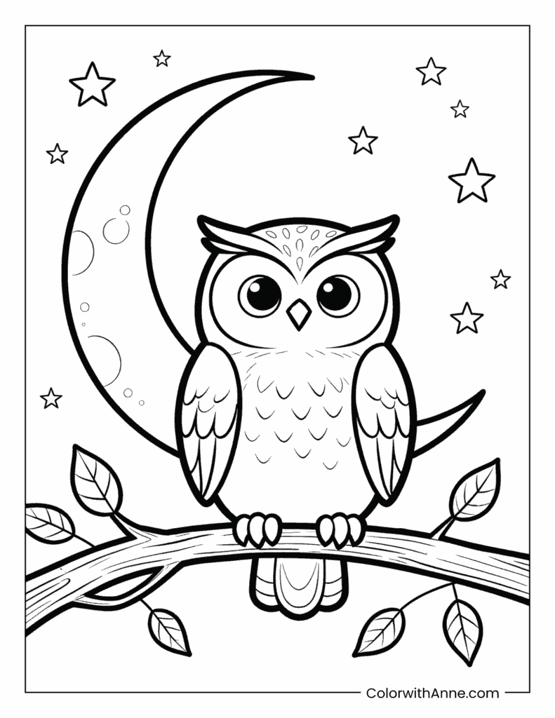 Owl & Crescent Moon Coloring Page