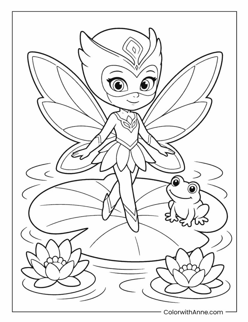 Owlette Fairy on a Lily Pad with a Frog Coloring Page