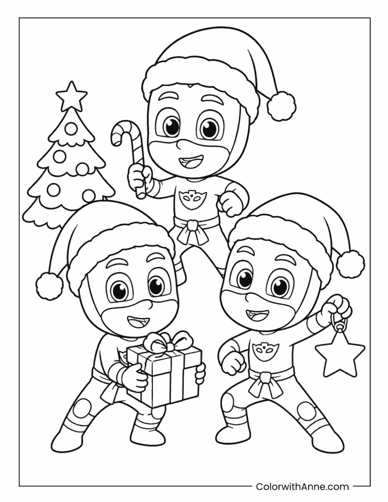 PJ Masks Christmas Heroes with Gifts and Candy Cane Coloring Page
