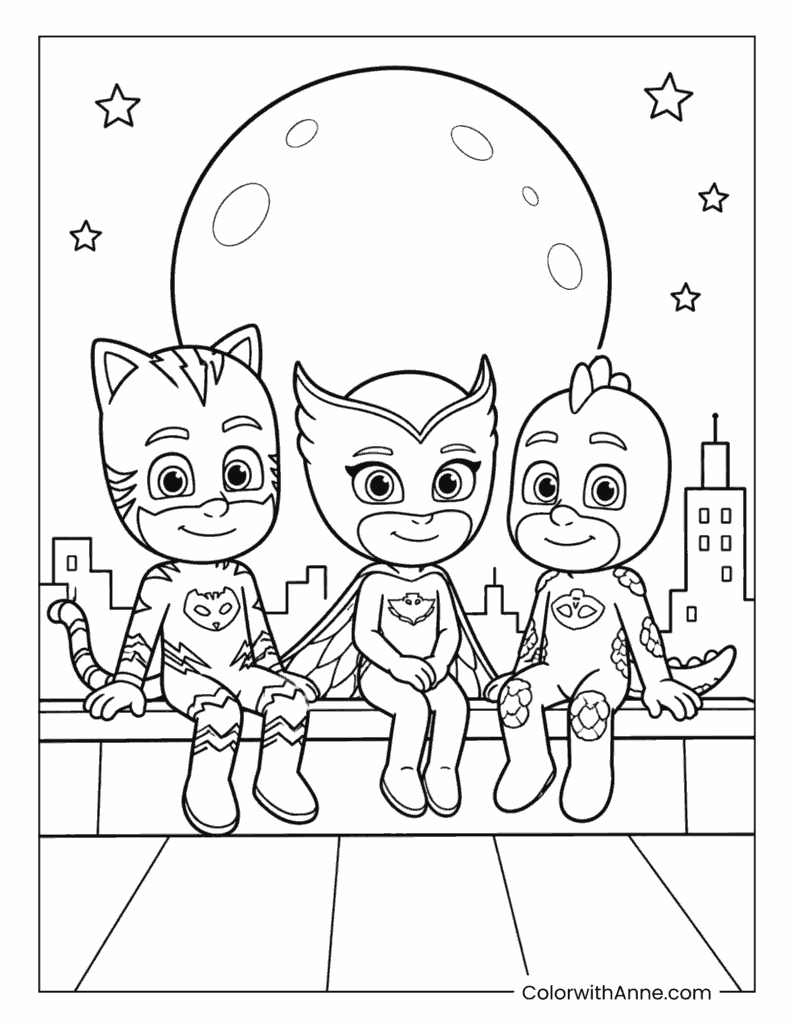 PJ Masks Heroes Sitting Under the Moon Coloring Page