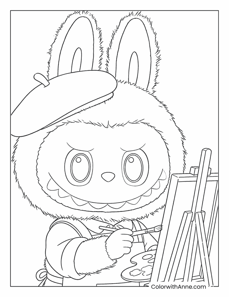 Painter Labubu with Beret Coloring Page