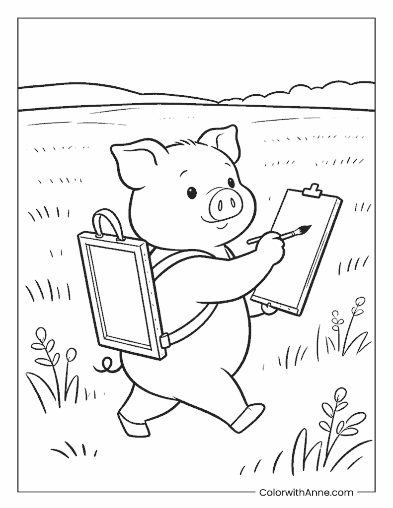 Painter Pig in the Meadow Coloring Page for Kids