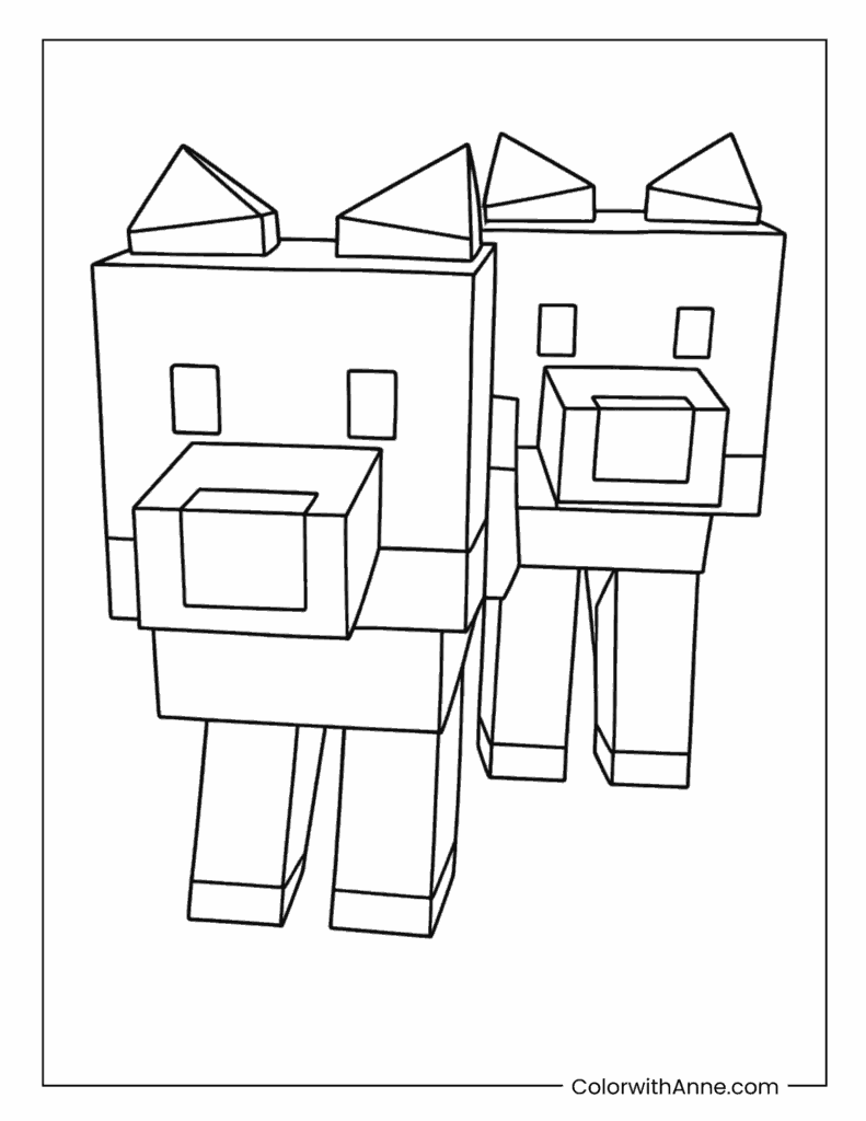 Pair Of Blocky Wild Forest Wolves Coloring Page